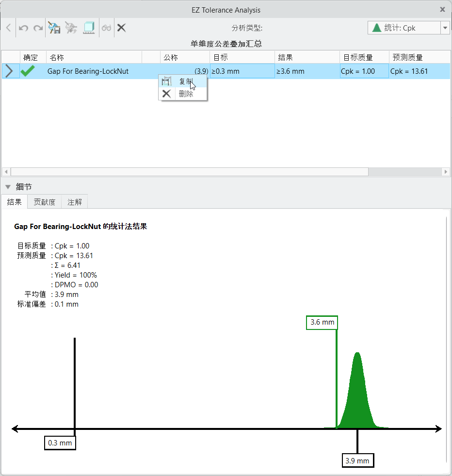 EZ Tolerance Analysis 对话框，其中在叠加快捷菜单上显示“复制”(Duplicate) 命令。