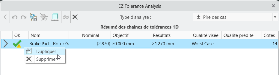 Boîte de dialogue EZ Tolerance Analysis affichant la table Résumé des chaînes de tolérances 1D (Summary of 1D Tolerance Stackups), avec un menu contextuel ouvert pour une ligne de chaîne et la commande Dupliquer (Duplicate) en surbrillance.