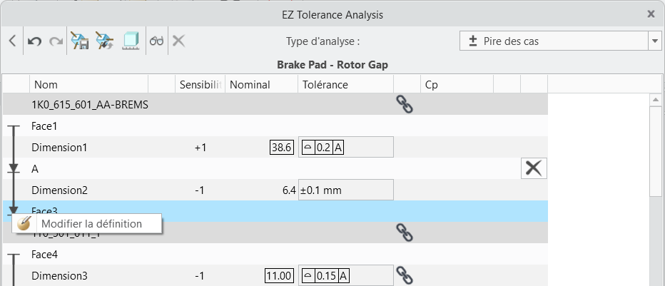 Boîte de dialogue EZ Tolerance Analysis affichant une table de chaînes d'intervalles axiaux avec cotes et tolérances, ainsi que le menu contextuel d'une fonction de contact affichant l'option Modifier la définition.