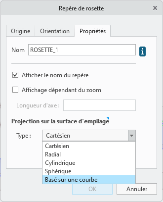 Boîte de dialogue Repère de rosette affichant l'onglet Propriétés avec l'option Basé sur une courbe dans la zone Type et un collecteur Courbe pour la sélection de la courbe de référence
