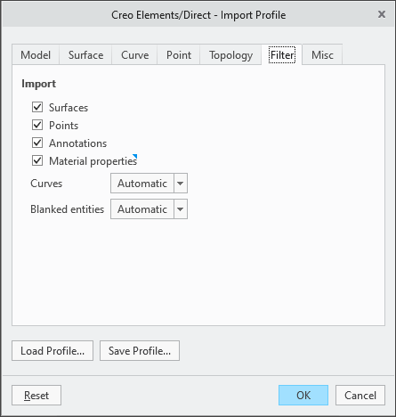 La boîte de dialogue Creo Elements/Direct – Profil d'importation (Creo Elements/Direct – Import Profile), avec l'option Propriétés de la matière (Material properties) ajoutée.