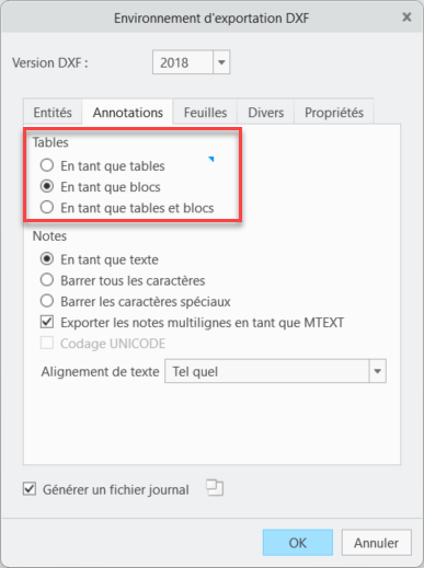 La boîte de dialogue Environnement d'exportation DXF (Export Environment for DXF), avec les nouvelles options Tables (Tables).