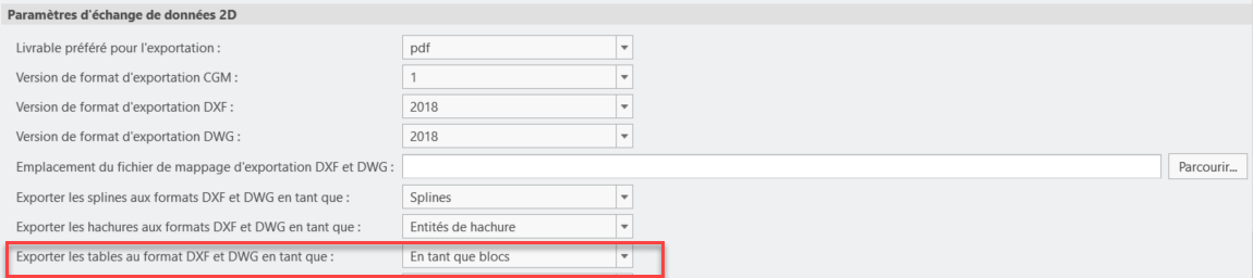 La boîte de dialogue Paramètres d'échange de données 2D (2D Data Exchange Settings), avec la nouvelle option Exporter les tables au format DXF et DWG en tant que : (Export tables to DXF and DWG format as:).