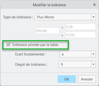 Boîte de dialogue Modifier la tolérance affichant le type de tolérance Plus-Moins, la case Tolérance pilotée par la table cochée, l'Ecart fondamental A et le Degré de tolérance 11.