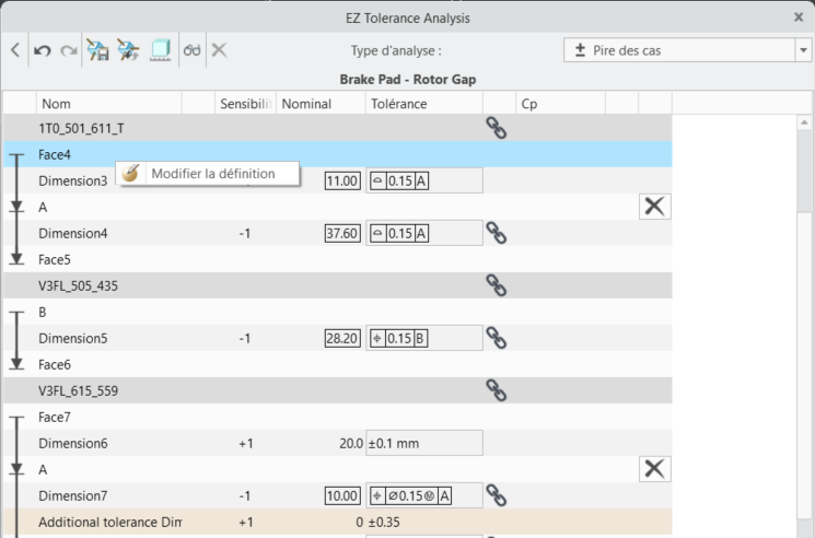 Boîte de dialogue EZ Tolerance Analysis affichant la commande Modifier la définition dans le menu de raccourcis d'une fonction de contact.