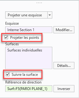 Boîte de dialogue affichant les nouvelles options "Projeter les points (Project points)" et l'option "Suivre la surface (Follow surface)" améliorée.