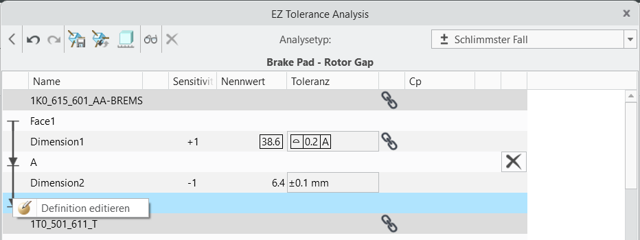Dialogfenster "EZ Tolerance Analysis" mit einer Axialspalt-Stapeltabelle mit Bemaßungen und Toleranzen sowie dem Kontextmenü für ein gegengerichtetes KE, in dem die Option "Definition editieren" angezeigt wird