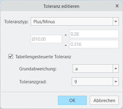 Dialogfenster "Toleranz editieren" mit dem Toleranztyp "Plus/Minus", aktiviertem Kontrollkästchen "Tabellengesteuerte Toleranz", "Grundabweichung" A und "Toleranzgrad" 9.