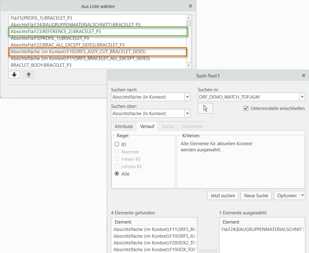 Lokale Referenzen und In-Kontext-Referenzen sowie Such-Tool mit Abfrage