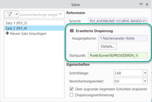 Registerkarte "Sätze" mit dem Feld "Ausgangskurve" unter "Erweiterte Drapierung"