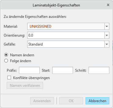 Dialogfenster "Laminatobjekt-Eigenschaften" mit der Beschriftung "Nicht zugewiesen" im Feld "Material" (Material).