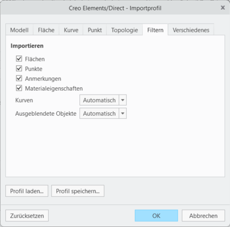 Das Dialogfenster Creo Elements/Direct – Importprofil (Creo Elements/Direct – Import Profile) mit hinzugefügter Option Materialeigenschaften (Material properties).
