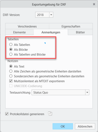 Das Dialogfenster Exportumgebung für DXF (Export Environment for DXF) mit den neuen Optionen für Tabellen (Tables).