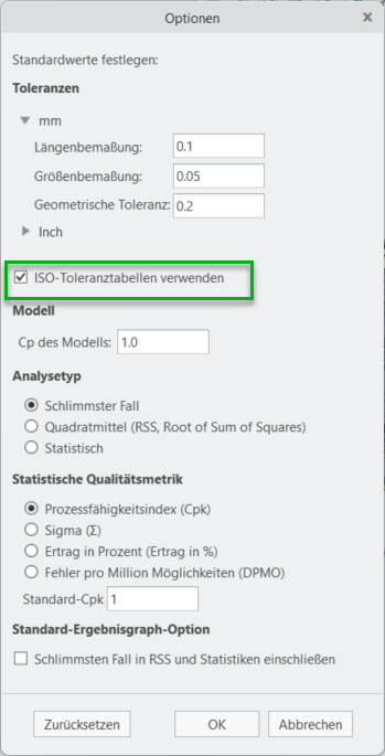 Dialogfenster "Optionen" auf der Registerkarte "EZ Tolerance" mit dem Kontrollkästchen "ISO-Toleranztabellen verwenden"