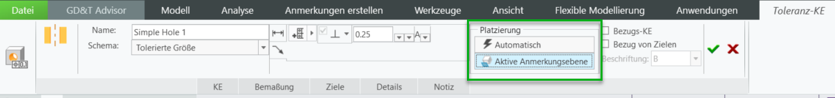 Die Platzierungsoptionen "Automatisch" und "Aktive Anmerkungsebene" werden in der Multifunktionsleiste auf der Registerkarte "Toleranz-KE" hervorgehoben