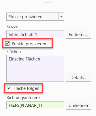 Dialogfenster mit neuen Optionen für "Punkte projizieren" und der erweiterten Option "Fläche folgen".