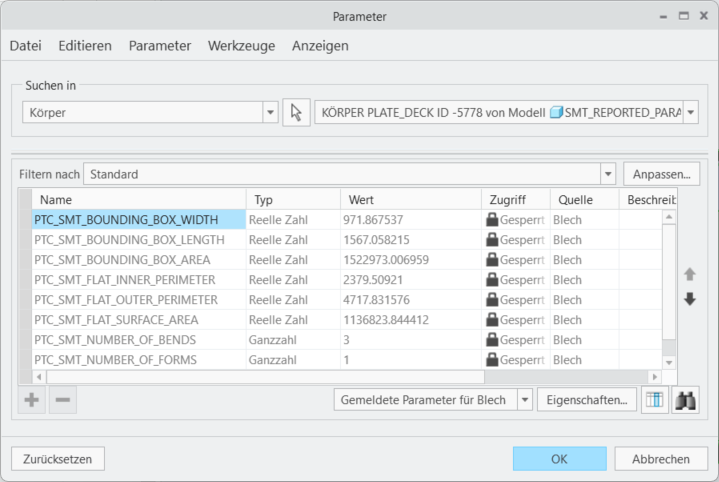 Dialogfenster "Parameter" mit gemeldeten SMT-Parametern