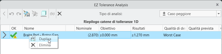 Finestra di dialogo EZ Tolerance Analysis che mostra la tabella Riepilogo catene di tolleranze 1D, con un menu contestuale aperto per una riga della catena e il comando Duplica evidenziato.