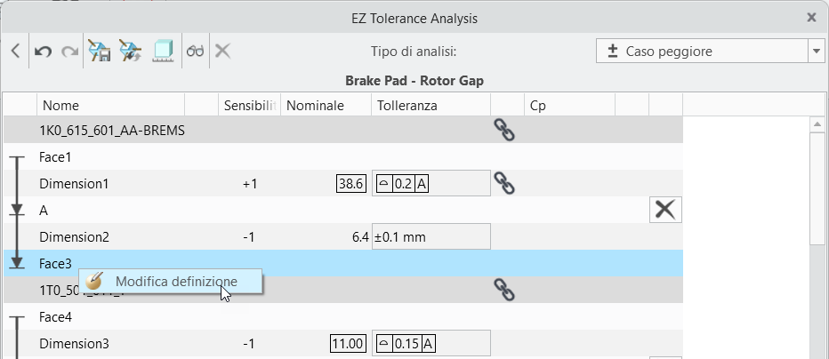 Finestra di dialogo EZ Tolerance Analysis che mostra una tabella di catene del gioco assiale con quote e tolleranze, con il menu contestuale per una feature di accoppiamento che mostra l'opzione Modifica definizione.