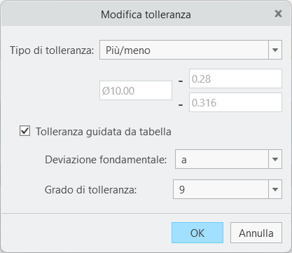 Finestra di dialogo Modifica tolleranza contenente il tipo di tolleranza Più/meno, la casella di controllo Tolleranza guidata da tabella selezionata, la deviazione fondamentale A e il grado di tolleranza 9.