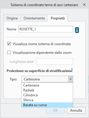 Finestra di dialogo Sistema di coordinate terna di assi cartesiani contenente la scheda Proprietà con l'opzione Basata su curva nella casella Tipo e un raccoglitore Curva per la selezione della curva di riferimento