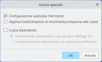 Finestra di dialogo Incolla speciale con le nuove impostazioni di default. L'opzione Configurazione avanzata riferimenti è selezionata e tutte le altre opzioni sono deselezionate.
