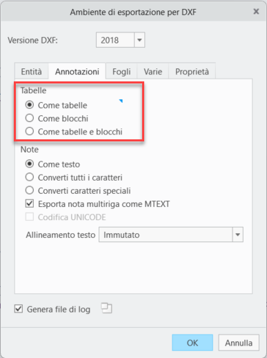 La finestra di dialogo Ambiente di esportazione per DXF (Export Environment for DXF), con le nuove opzioni Tabelle (Tables).