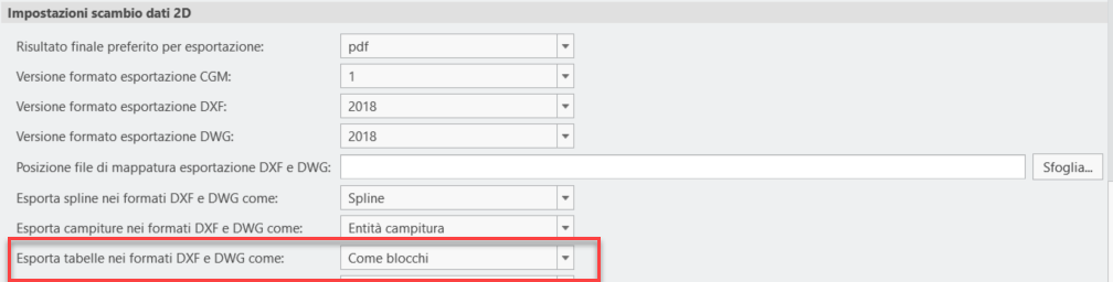 La finestra di dialogo Impostazioni scambio dati 2D (2D Data Exchange Settings), con la nuova opzione Export tables to DXF and DWG format as (Export tables to DXF and DWG format as).