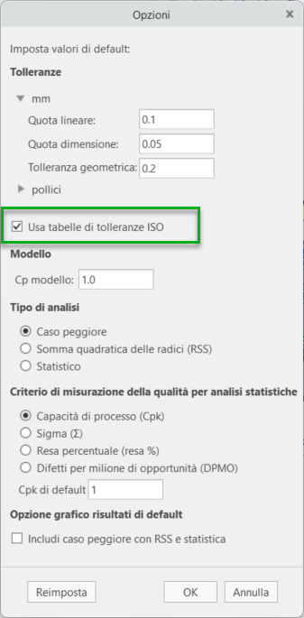 Finestra di dialogo Opzioni nella scheda EZ Tolerance contenente la casella di controllo Usa tabelle tolleranze ISO.