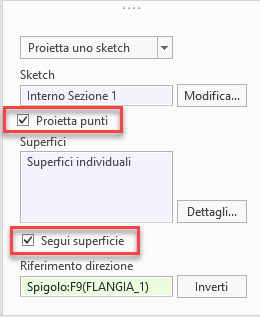 Finestra di dialogo che mostra la nuova opzione "Proietta punti" e l'opzione "Segui superficie" migliorata.