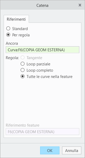 Finestra di dialogo di selezione di una catena