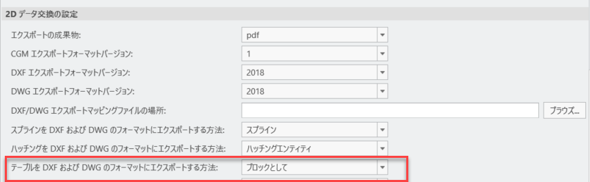 新しい「テーブルを DXF および DWG のフォーマットにエクスポートする方法:」(Export tables to DXF and DWG format as:) オプションが追加された「2D データ交換の設定」(2D Data Exchange Settings) ダイアログボックス