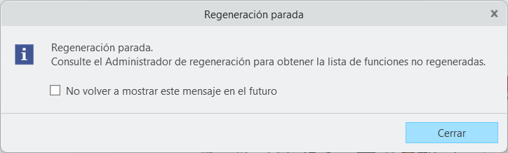 Regeneración detenida con aviso para abrir el Administrador de regeneración para obtener información
