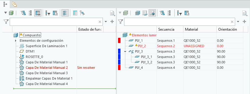Administrador de elementos laminados que muestra PLY_2 con el rótulo SIN ASIGNAR en la columna Material y el árbol compuesto que muestra la función asociada de capa de material manual 2 con el estado de función Sin resolver.