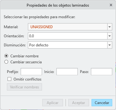Cuadro de diálogo Propiedades de objetos laminados (Laminate Objects Properties) que muestra el rótulo SIN ASIGNAR (UNASSIGNED) en el cuadro Material.