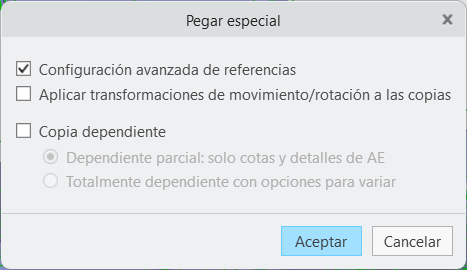 Cuadro de diálogo Pegar especial (Paste Special), con la nueva configuración por defecto. La opción Configuración avanzada de referencias (Advanced reference configuration) está seleccionada y todas las demás opciones están despejadas.