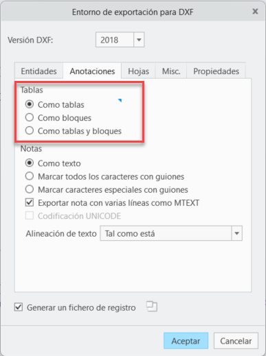 El cuadro de diálogo Entorno de exportación para DXF (Export Environment for DXF), con las nuevas opciones de Tablas (Tables).