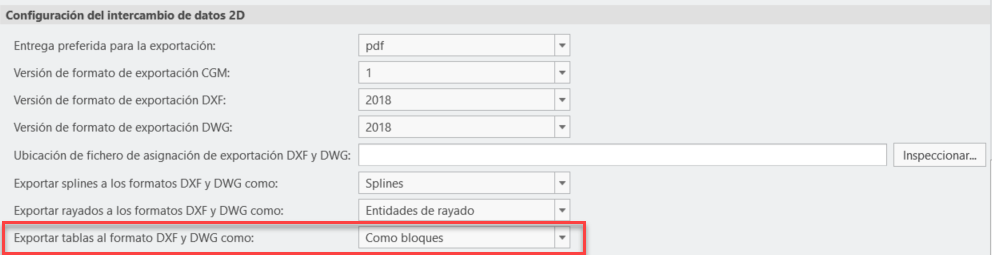 El cuadro de diálogo Configuración del intercambio de datos 2D (2D Data Exchange Settings), con la nueva opción Exportar tablas al formato DXF y DWG como: (Export tables to DXF and DWG format as:)