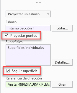 Cuadro de diálogo que muestra las nuevas opciones de "Proyectar puntos" (Project points) y la opción "Seguir superficie" (Follow surface) mejorada.