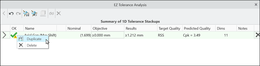 EZ Tolerance Analysis dialog box showing the Summary of 1D Tolerance Stackups table, with a context menu open for a stackup row and the Duplicate command highlighted.