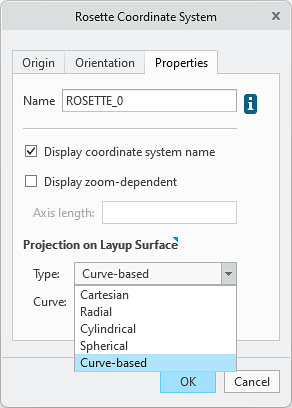 Rosette Coordinate System dialog box showing the Properties tab with the Curve-based option in the Type box, and a Curve collector for selecting the reference curve