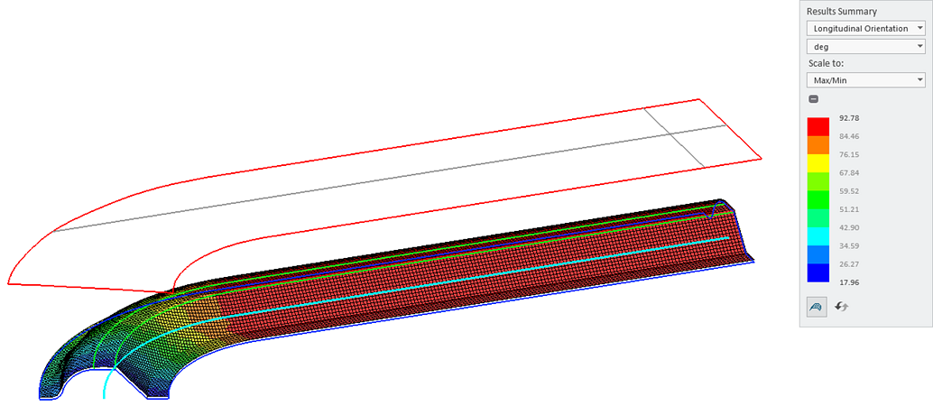 Longitudinal orientation results obtained by performing the draping simulation based on a curve-based rosette