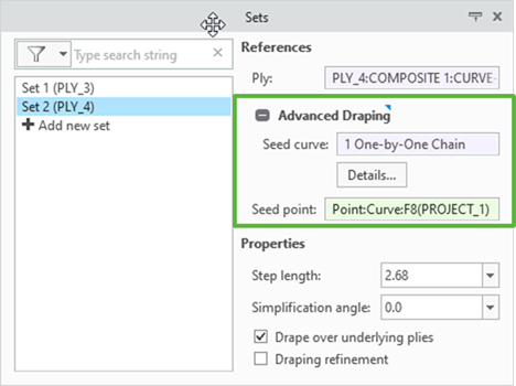 Sets tab showing the Seed curve box under Advanced Draping.