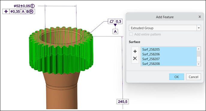 Shows the results of the box selection. Gear-like surfaces on the cylindrical model are highlighted in green. The Add Feature dialog shows a list of the selected surfaces.