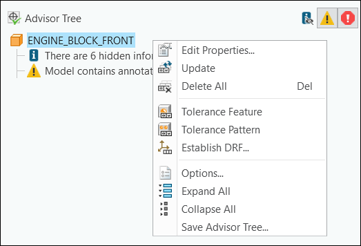 Advisor Tree in the GD&T Advisor tab showing context menu for a model. The context menu contains Edit Properties, Update, Delete All, Tolerance Feature, Tolerance Pattern, Establish DRF, Options, Expand All, Collapse All, and Save Advisor Tree commands.