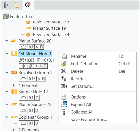Feature Tree in the GD&T Advisor tab showing context menu for a feature. The context menu contains Rename, Edit Definition, Delete, Reorder, Set Datum, Options, Expand All, Collapse All, and Save Feature Tree commands.