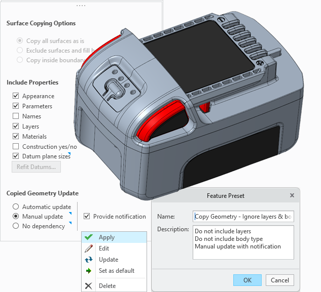 presets for a feature are shown along with the properties that were selected.