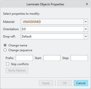 Laminate Objects Properties dialog box showing UNASSIGNED label in the Material box.