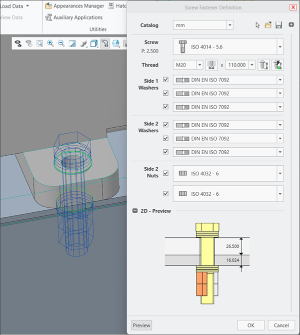 The Screw Fastener Definition dialog box showing the options of a second nut for the second side and a third washer for both sides, alongside the screw model.