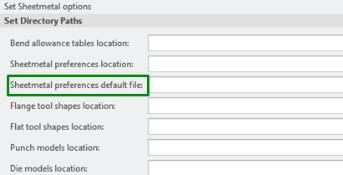 Directory paths section of Sheetmetal options.